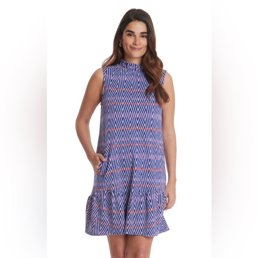 Tyler Boe Sleeveless Mindy Shift Dress Small Poppy Chevron blue high mock neck